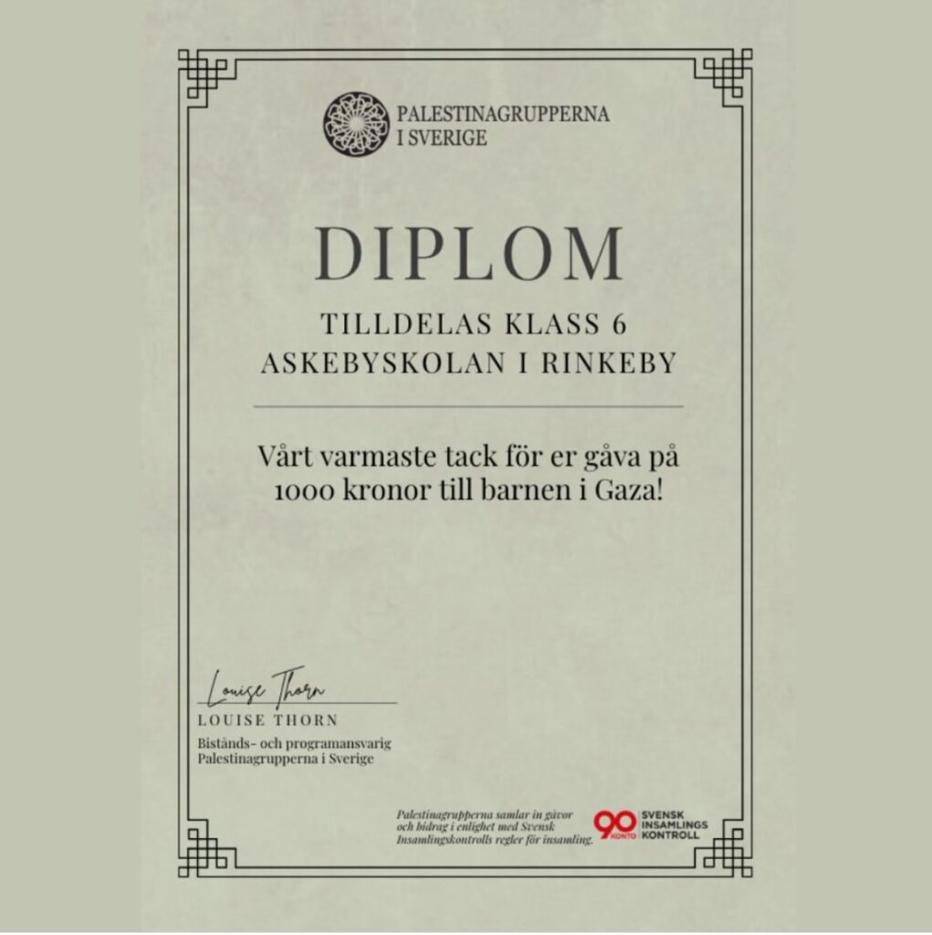 Ett diplom från Palestinagrupperna till eleverna i Askebyskolan.